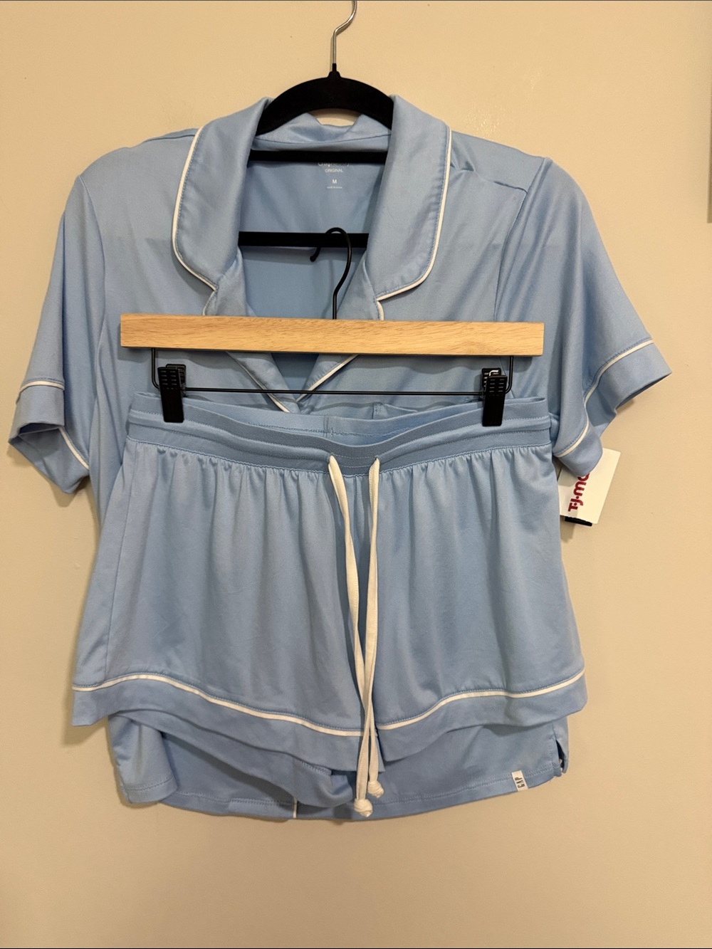 Women's Light Blue Short Sleeve Pajama Top with Contrast Piping